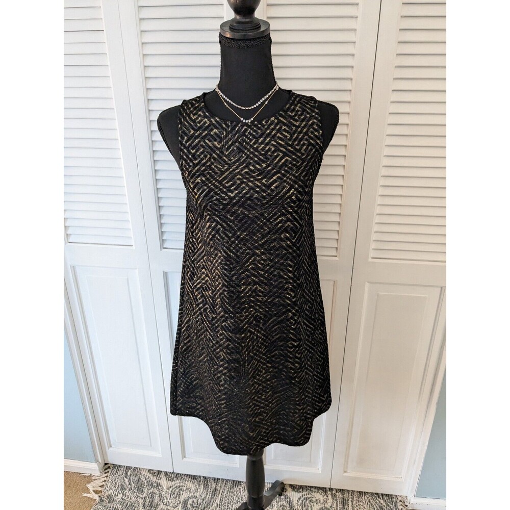 Ginger G Dress Women's S Black A-Line Mini Pullover Gold Thread Glam Sleeveless